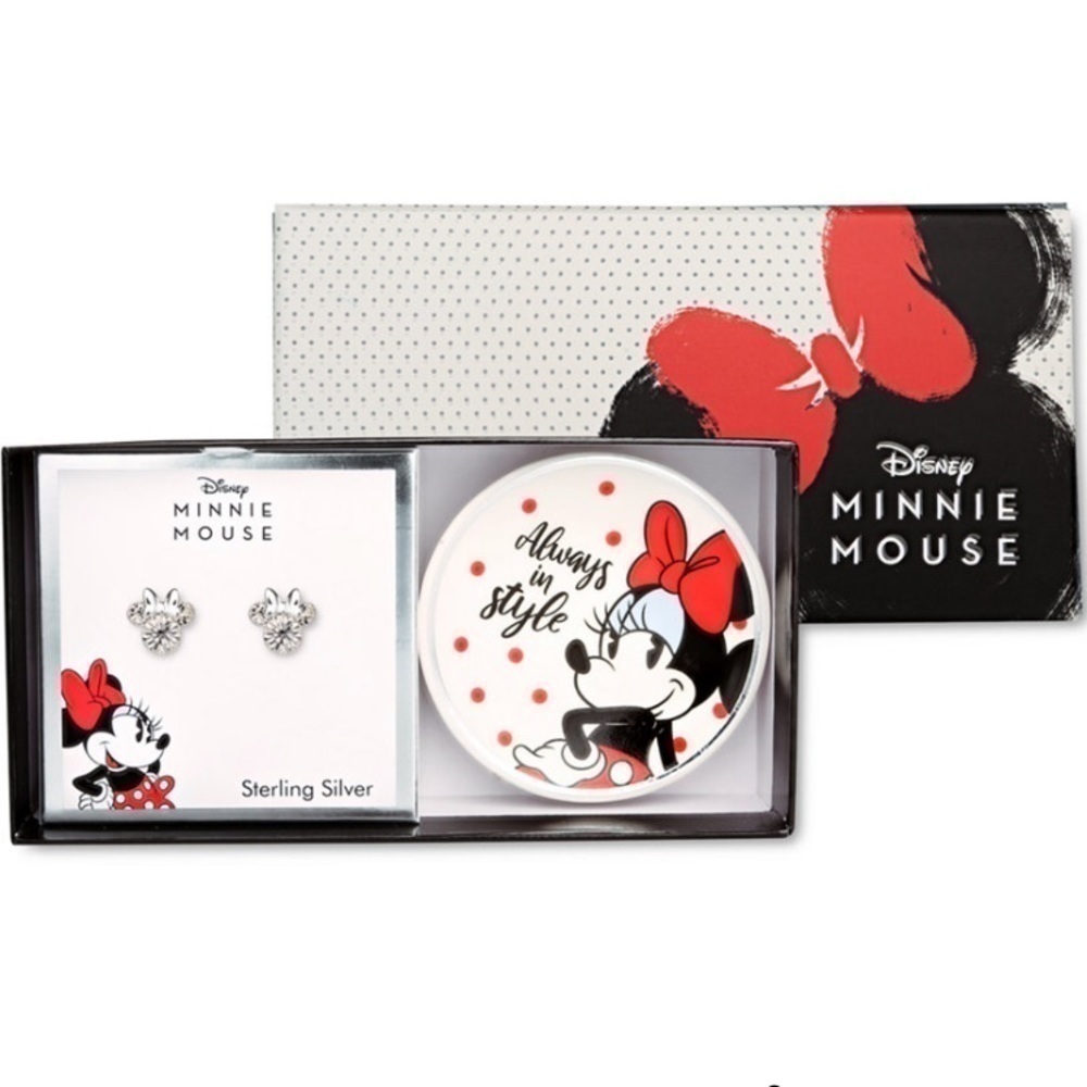Disney Minnie Mouse Clear Crystal Sterling Silver Earrings & Trinket Dish